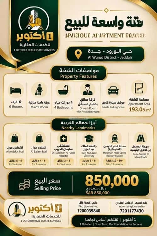 Apartment 193.05 SQM with 6 Bedrooms Al Worood, South Jeddah, Jeddah