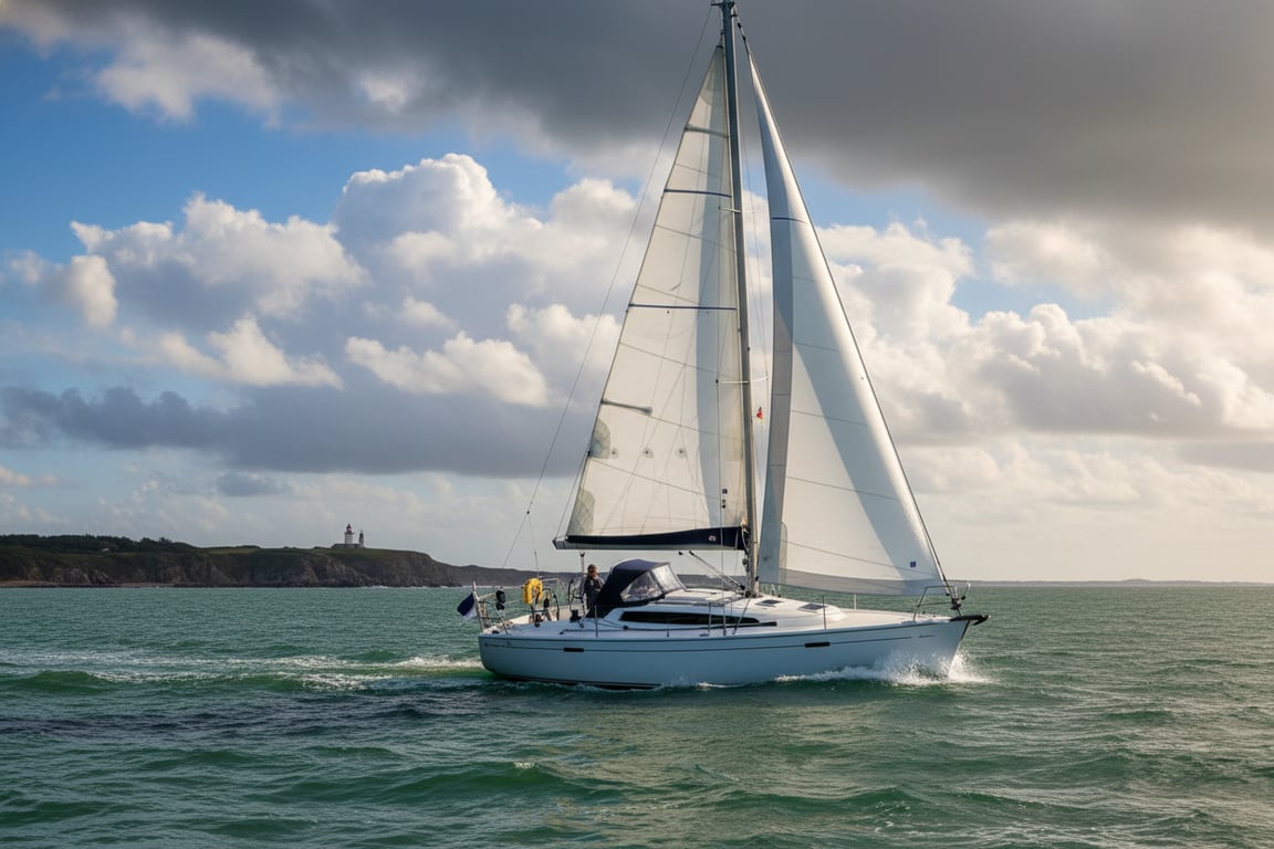 Dehler 38 sailboat with white hull and black sails gliding on calm blue water, starboard side profile view