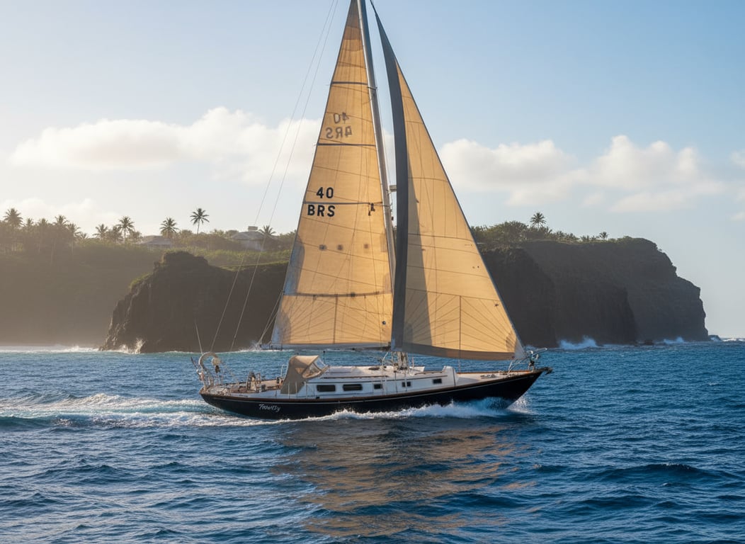 Bristol 40 cutter rig yacht underway on blue water, bow-on perspective, cream hull, full mainsail and jib billowing