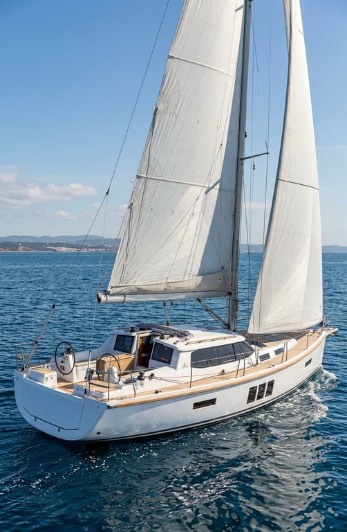 Sirius 40 DS under sail in choppy offshore conditions showing steady heel angle and clean wake