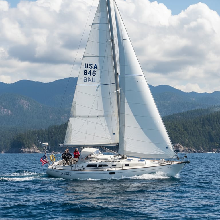 Ericson 35-3 sloop close-up stern view, tanbark sails furled, white hull in sunny marina setting