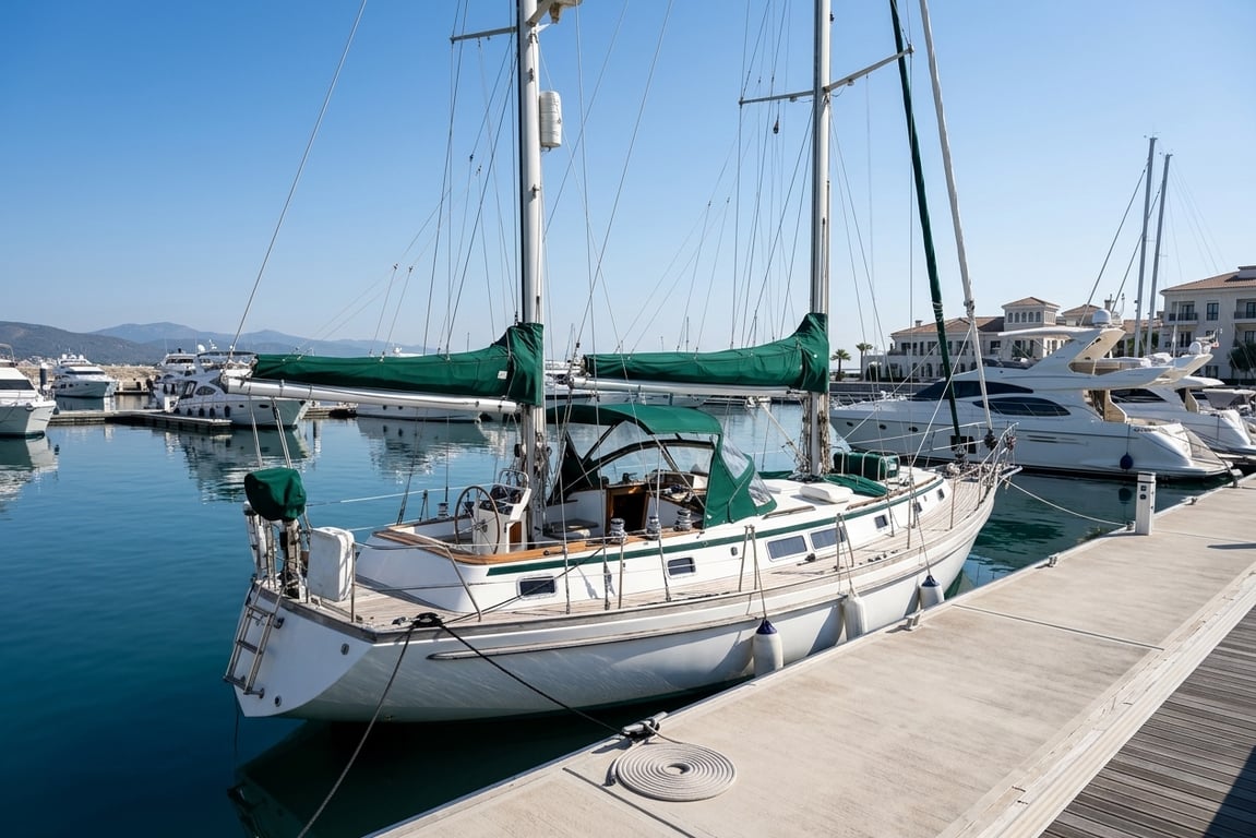 Spacious saloon interior of Gulfstar 50 with traditional teak joinery and comfortable seating.