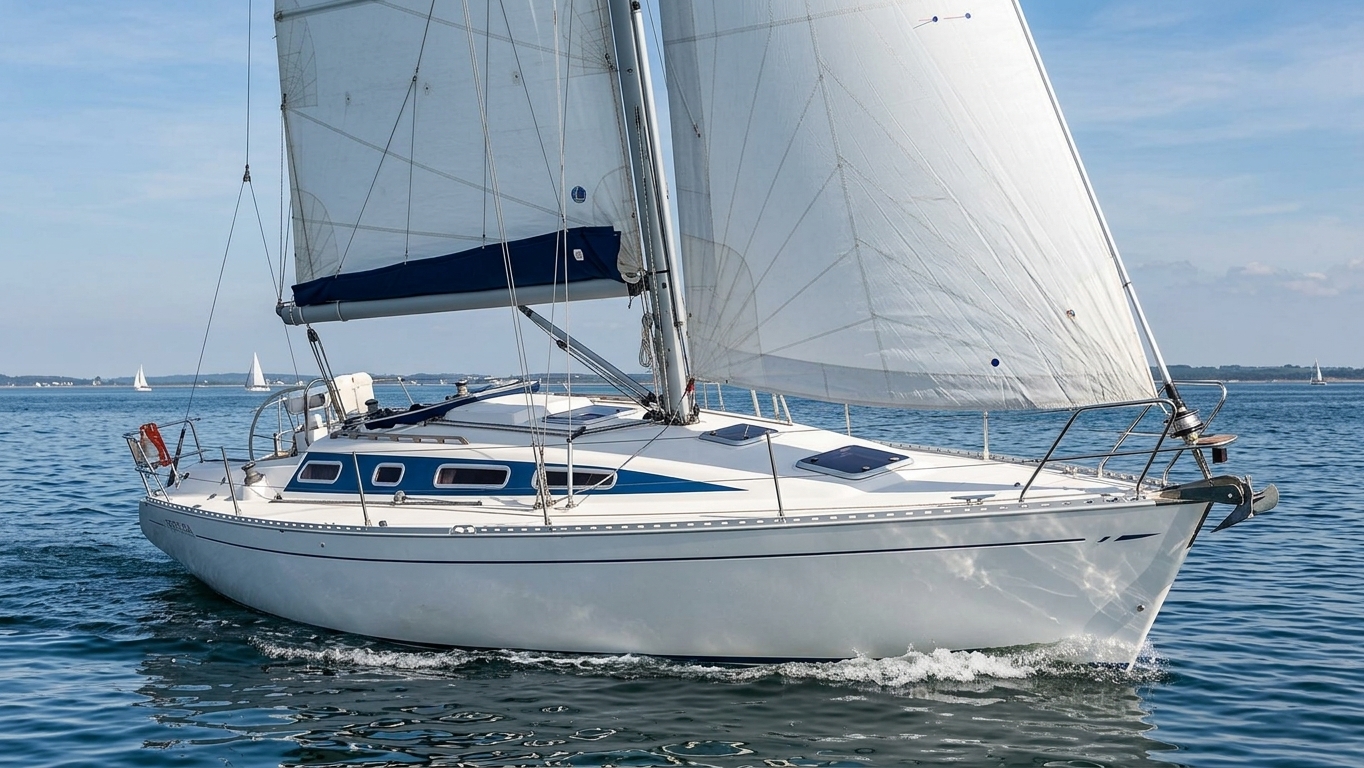 Feeling 1090 underway with crew trimming sails in steady breeze