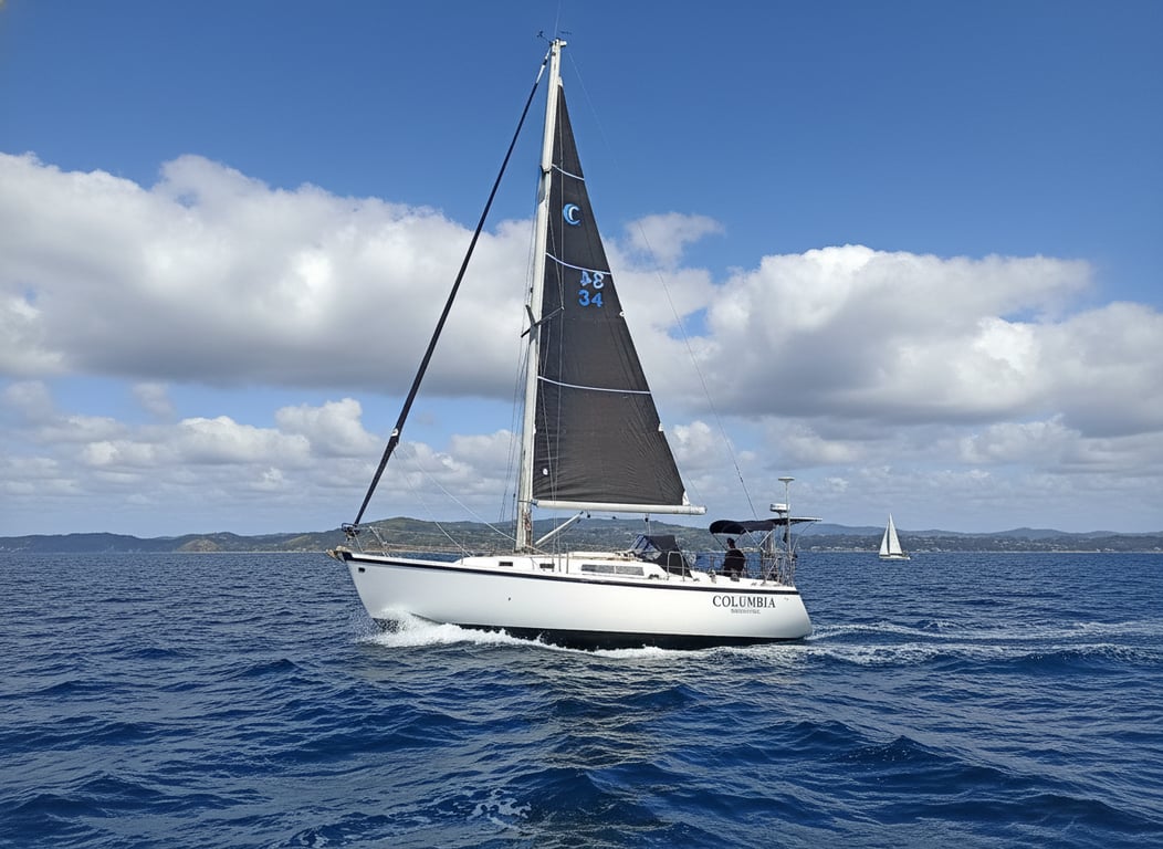Columbia 34 sailboat at marina dock, port side view, glossy white fiberglass hull, wooden trim
