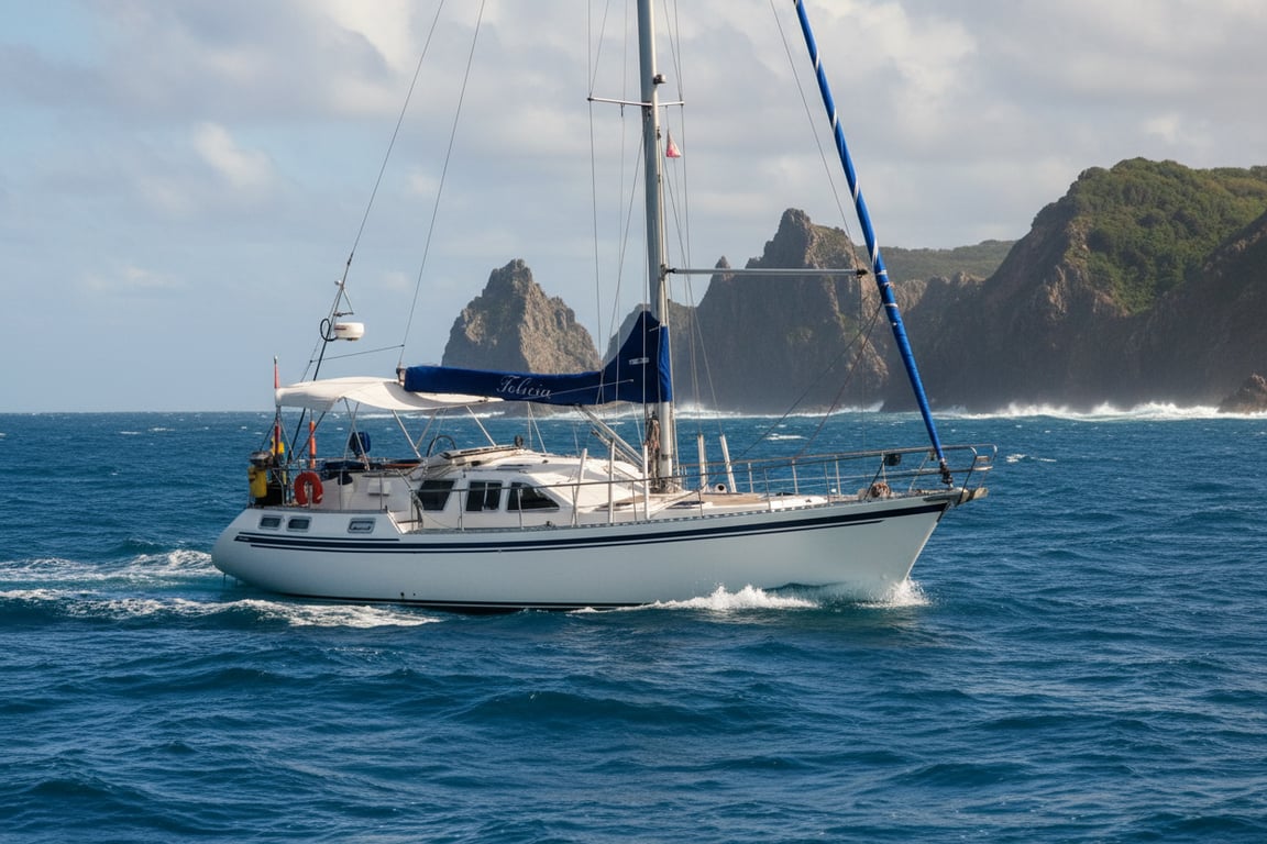 Nauticat 42 ketch motorsailer sailing on open blue water, white hull, tan sails, pilothouse visible