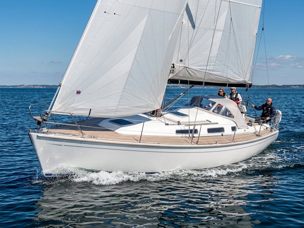 Faurby 396 heeled over in breeze with crew on deck