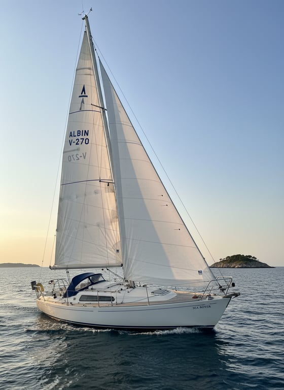 White Vega 27 sailboat under full sails on open water, port side profile, calm seas