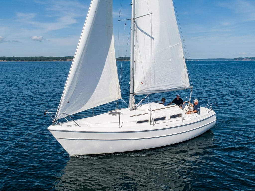 Islander Fairwinds 27 heeled over sailing close hauled in steady wind conditions