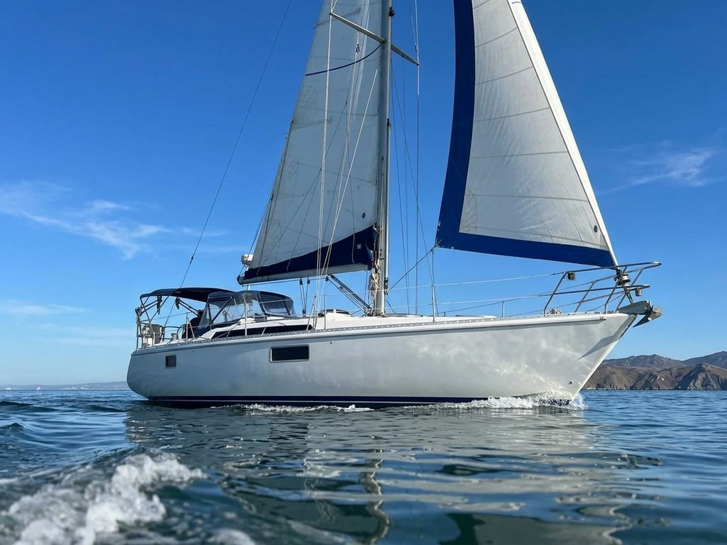 Gib'Sea 126 heeling gently during coastal cruise with genoa and mainsail set