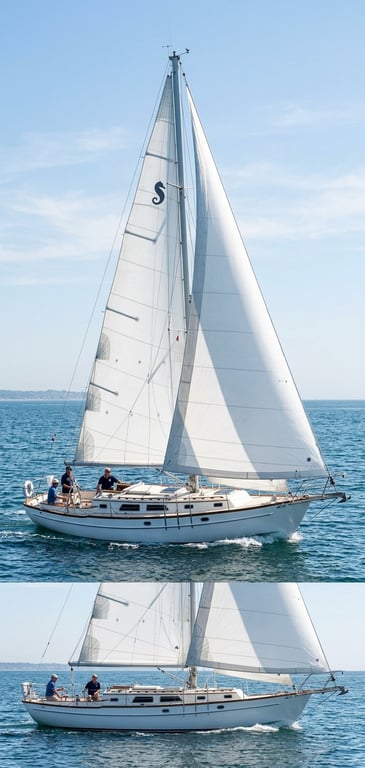 Westsail Safari 37 cutter sailboat underway showing full sails on open water