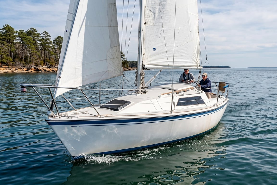 Irwin 10/4 under sail showing masthead rig and balanced heel in light breeze