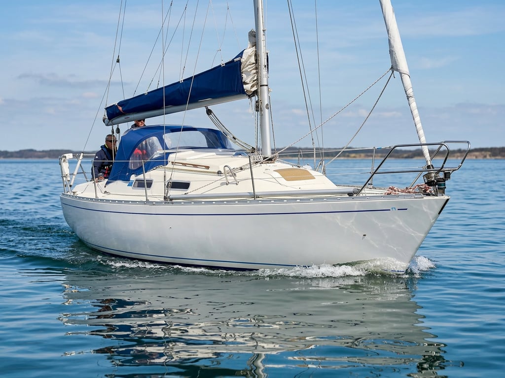 Omega 30 S sailing upwind with white sails in moderate conditions