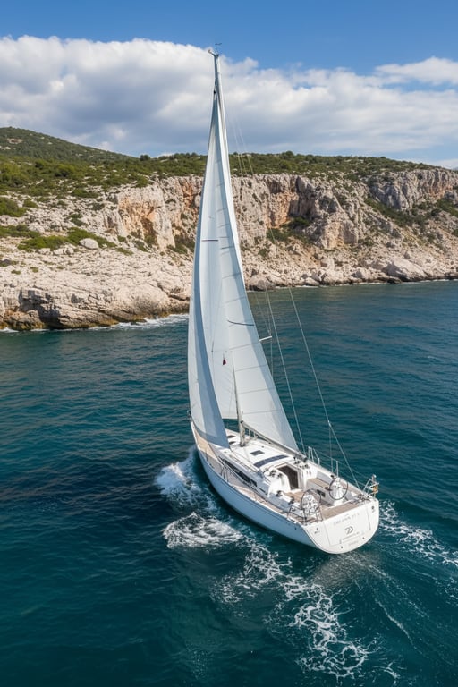 Delphia 37.3 sailboat moored in marina, white hull, teak deck, side profile under clear sky