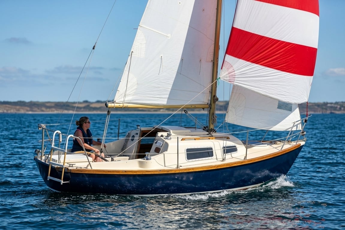 Hurley 22 sailboat under full sail on calm coastal waters