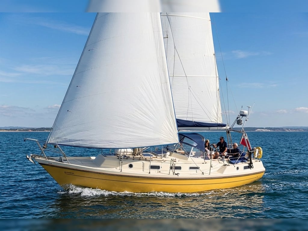 Classic fiberglass Mirage 37 sailing under full mainsail and genoa on open water