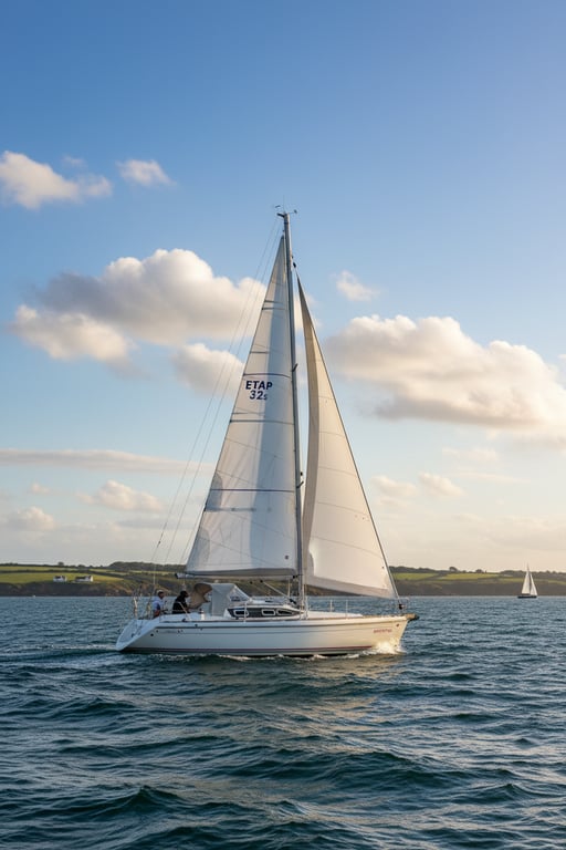 Aerial view of Etap 32s sailing yacht with furling genoa, heeling in fresh breeze