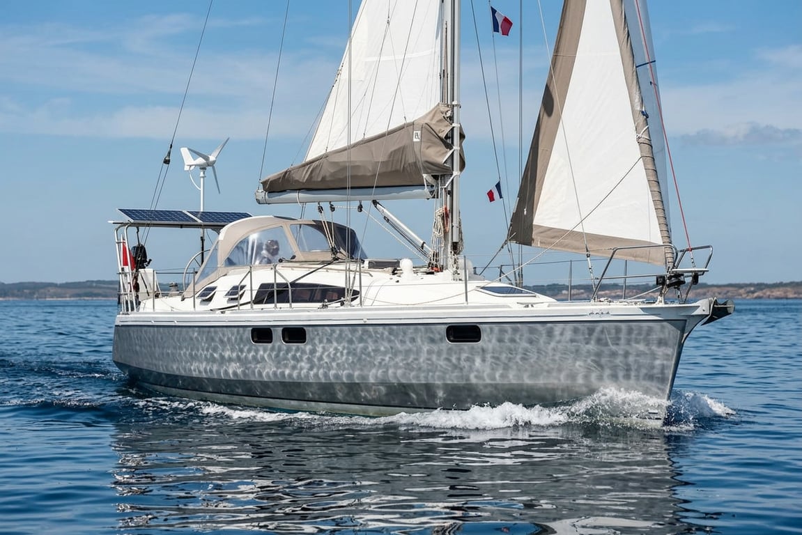 Ovni 395 underway under full sail in moderate sea conditions