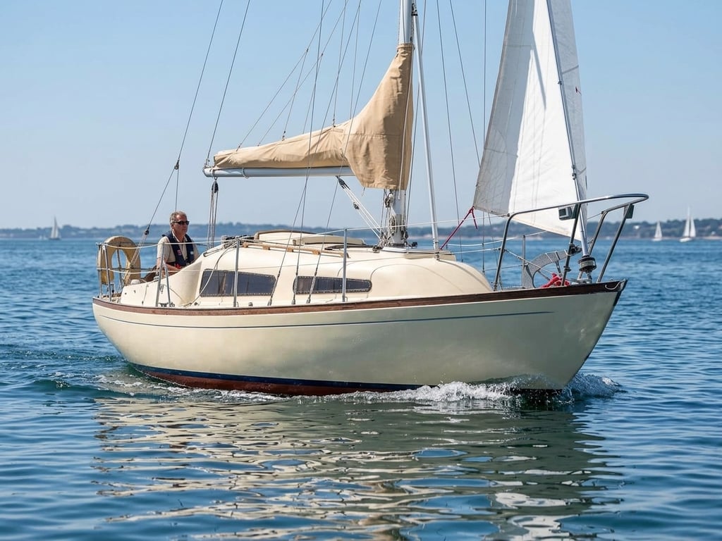 International Folkboat heeling gently under full sail with crew on deck.