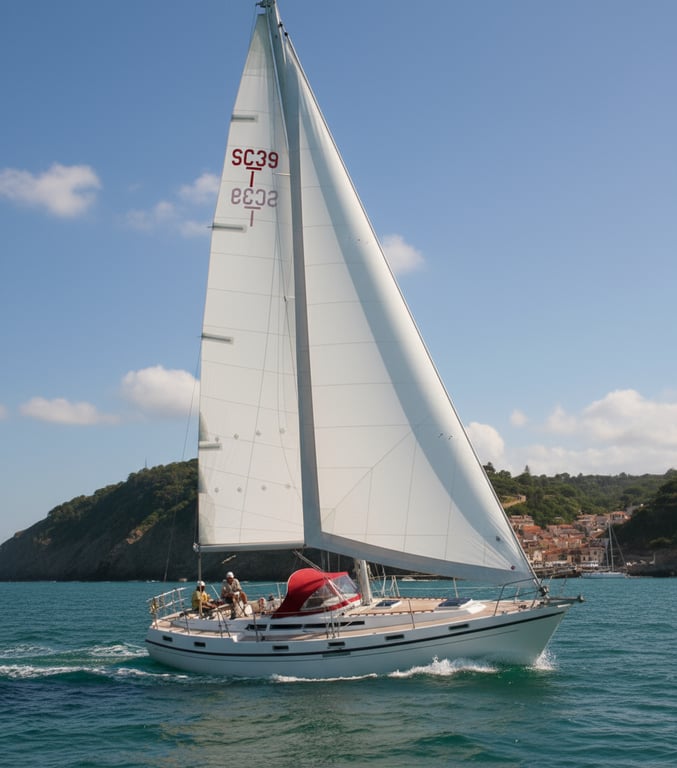 White Nautical 39 yacht docked at marina, port side view with sleek hull and polished deck