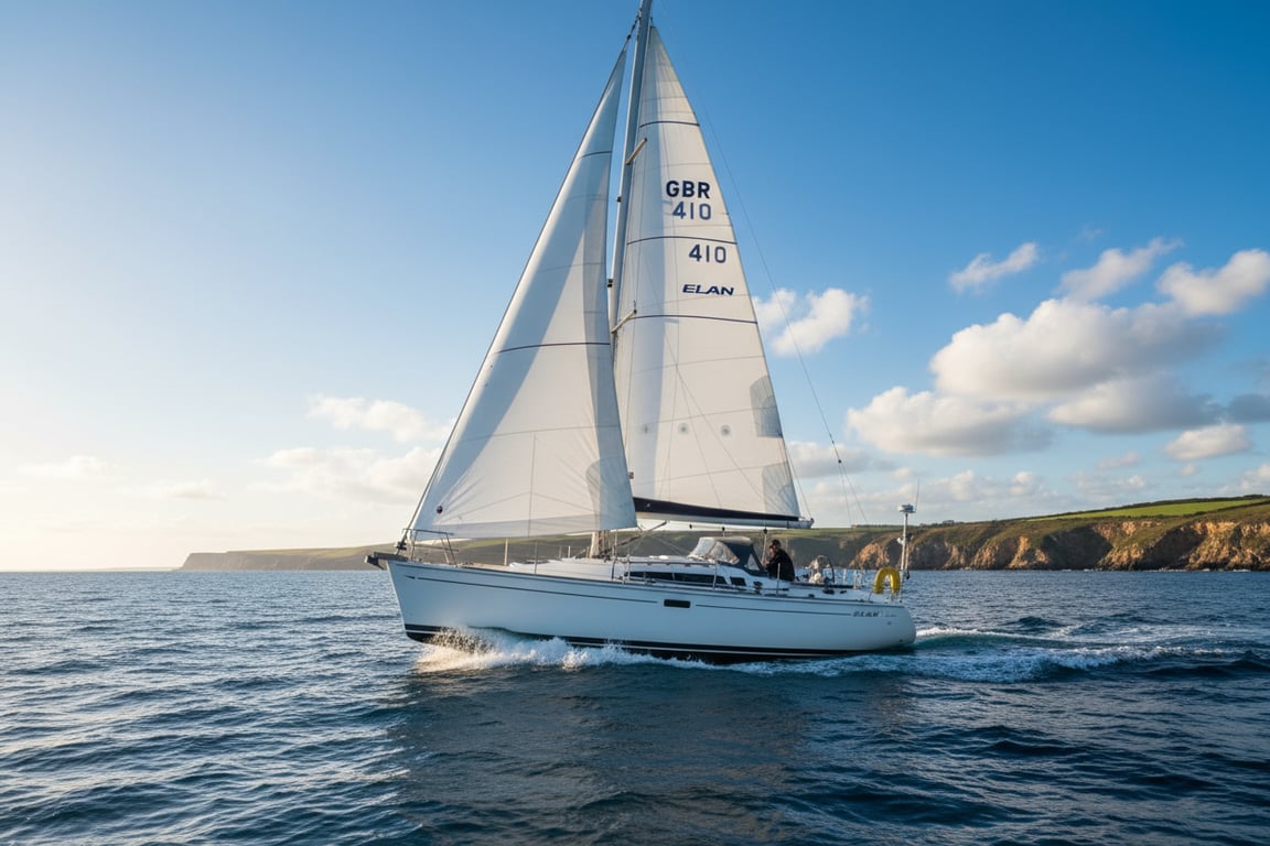 Elan 410 performance cruiser at anchor, calm sea, open transom swim platform, carbon fiber mast