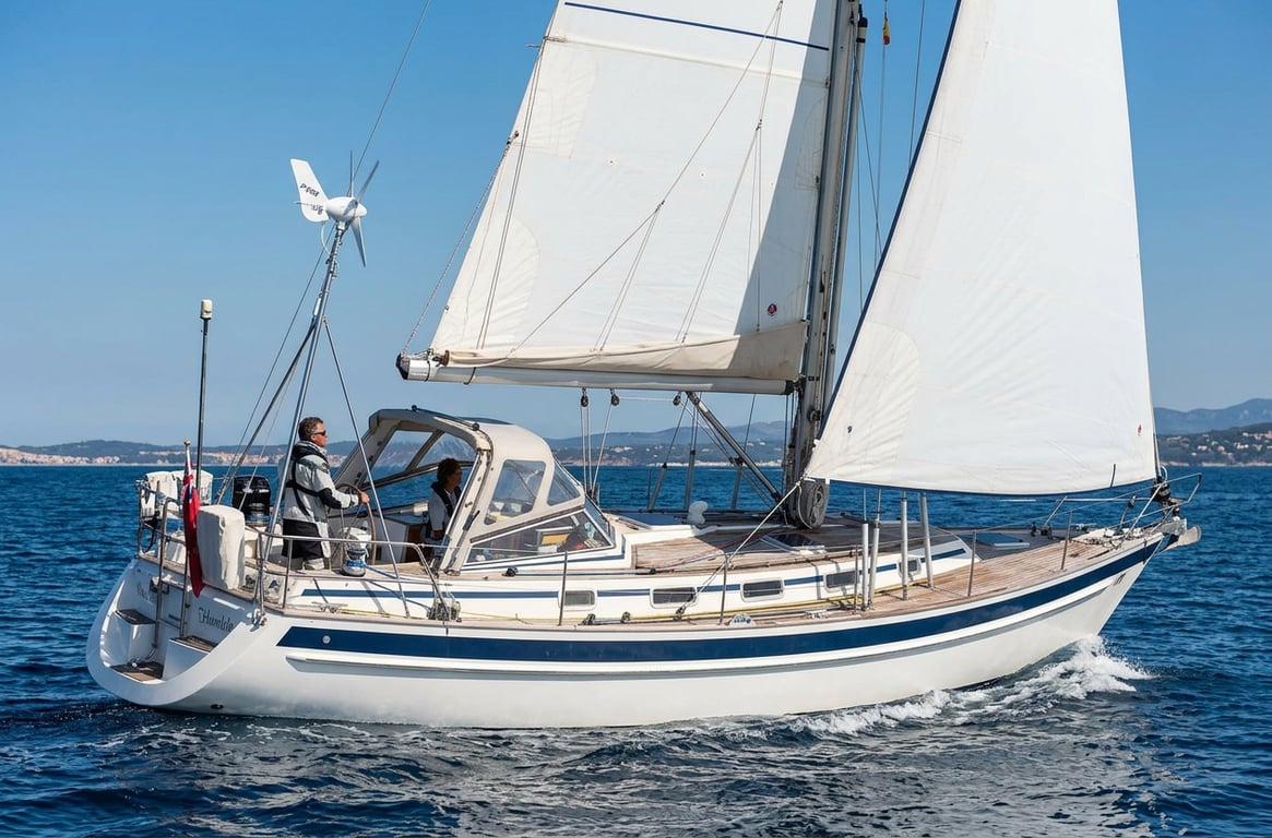 Malo 42 sailboat under full sail on open blue water with white hull