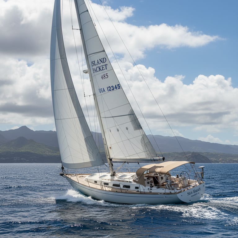 Island Packet 485 cutter-rigged yacht sailing on open ocean, starboard side view with white hull and full sails