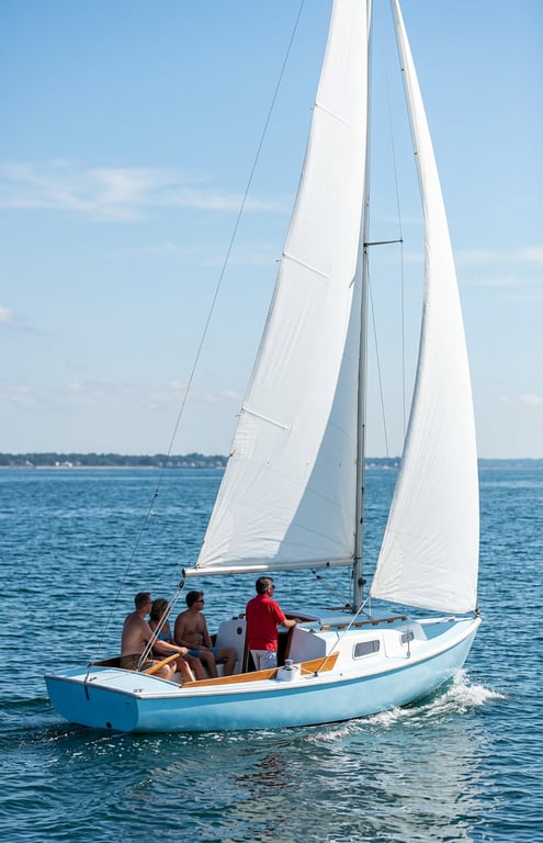 Classic sloop rig with mainsail and jib on calm waters