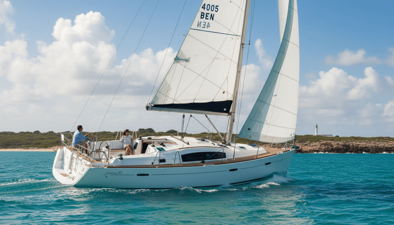 Sleek Beneteau 40 sloop moored harborside, navy blue hull, detailed deck and rigging