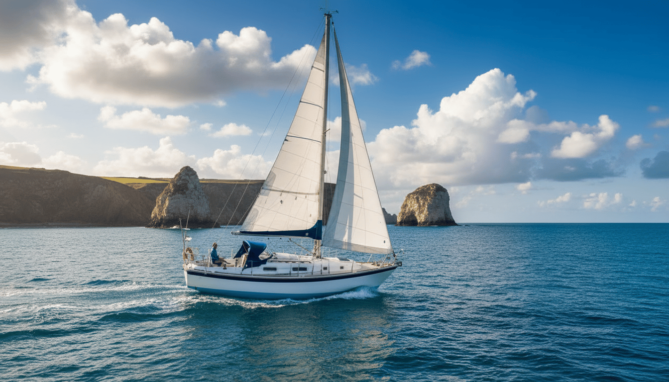 Westerly Konsort 29 beating to windward in choppy seas, grey hull with reefed mainsail and staysail