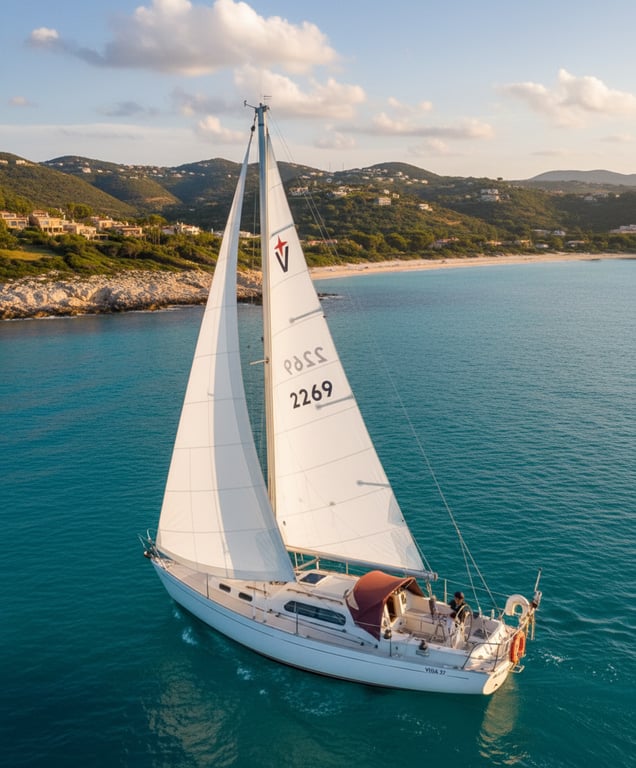 Albin Vega 27 docked in harbor, deck details visible, wooden accents and rigging