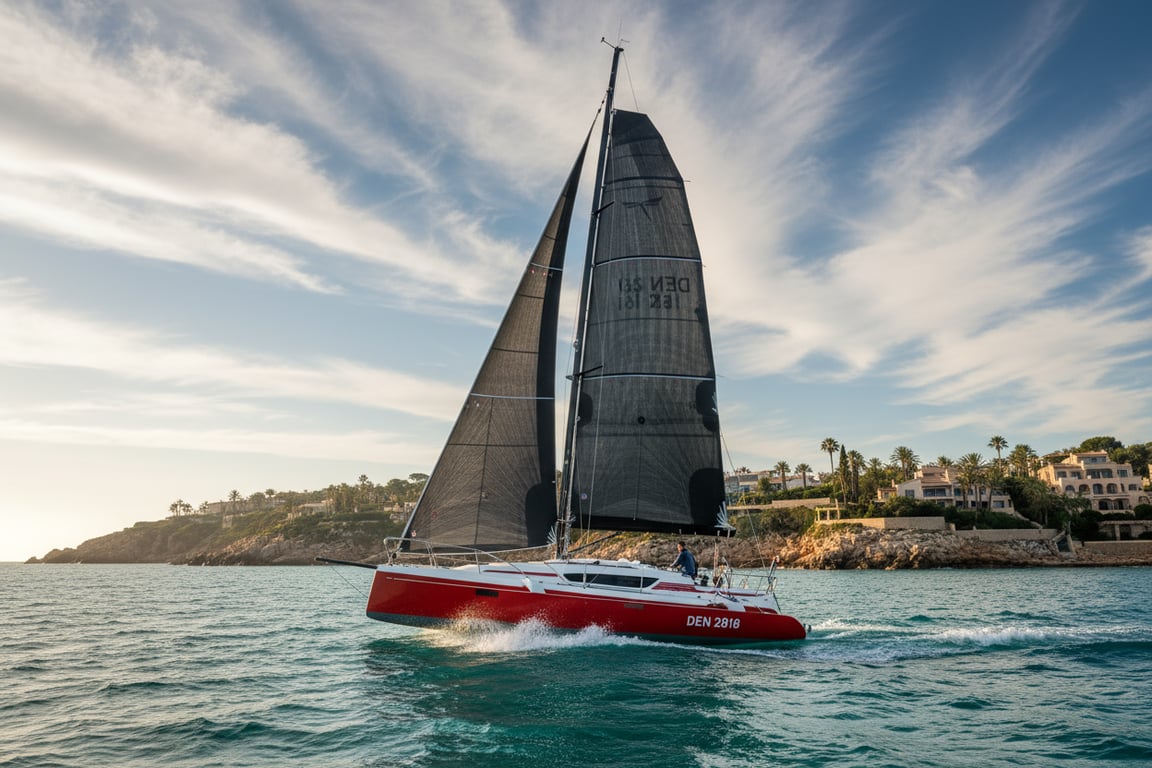 Dragonfly 28 trimaran docked in marina, grey hull, folded outriggers, calm harbor setting