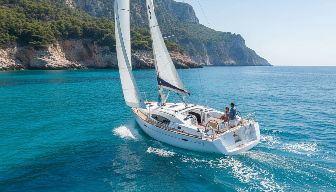 Beneteau 40 cruising sailboat at sea, white hull glistening under sunlight, broadside angle