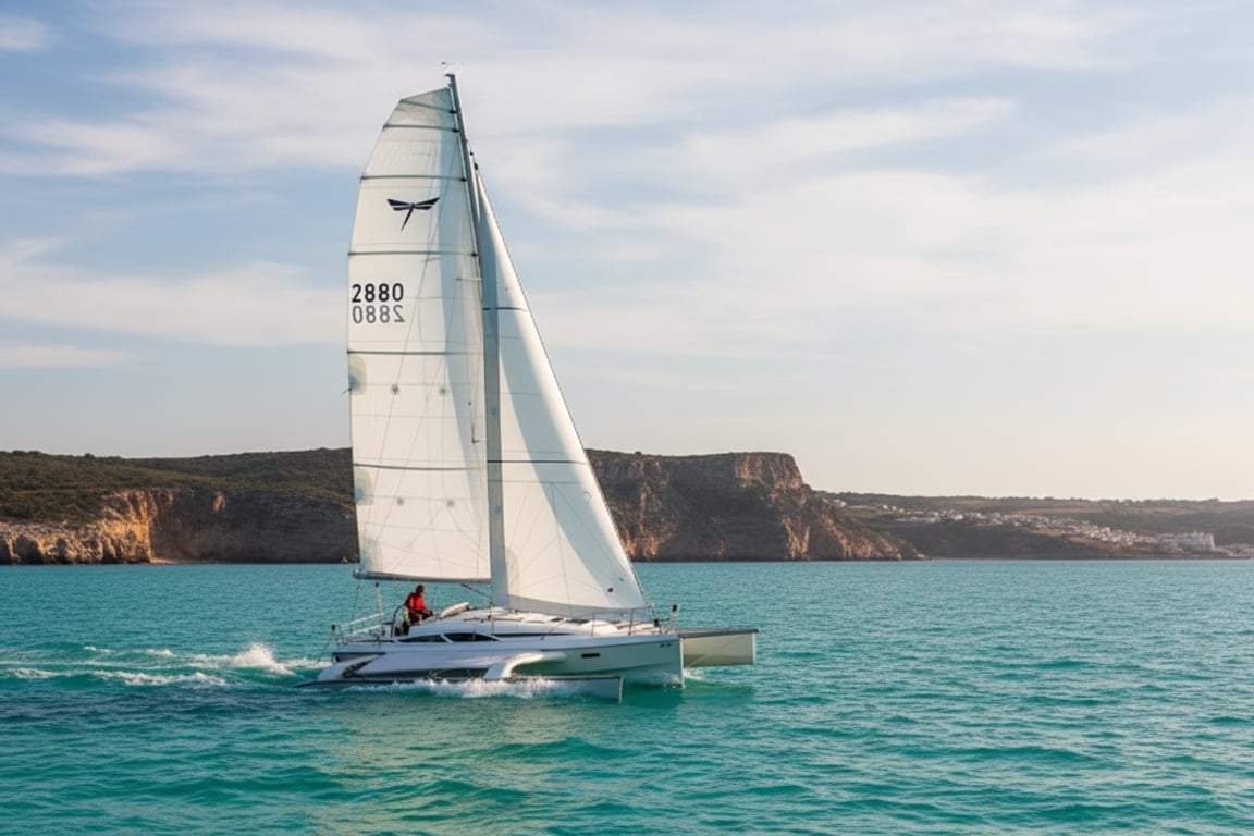 Dragonfly 28 trimaran underway in light winds, white hull, single mast, broadside perspective on sea