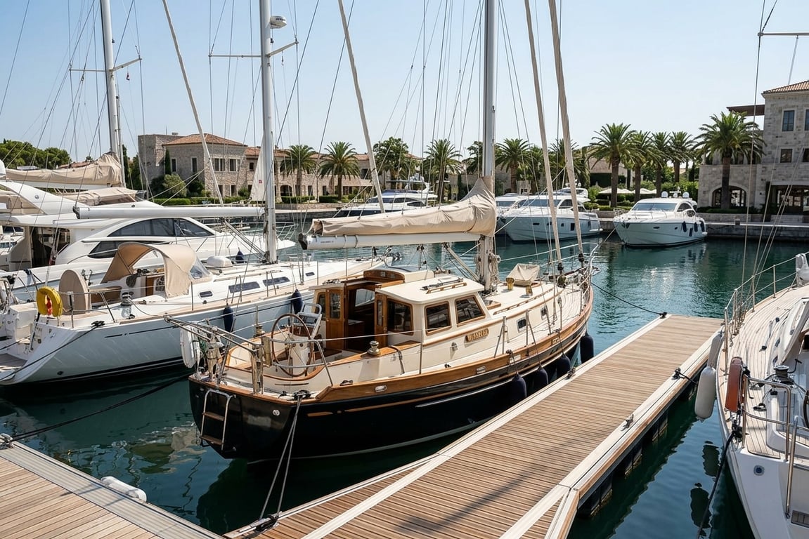 Tayana 37 saloon interior with teak cabinetry and navigation station