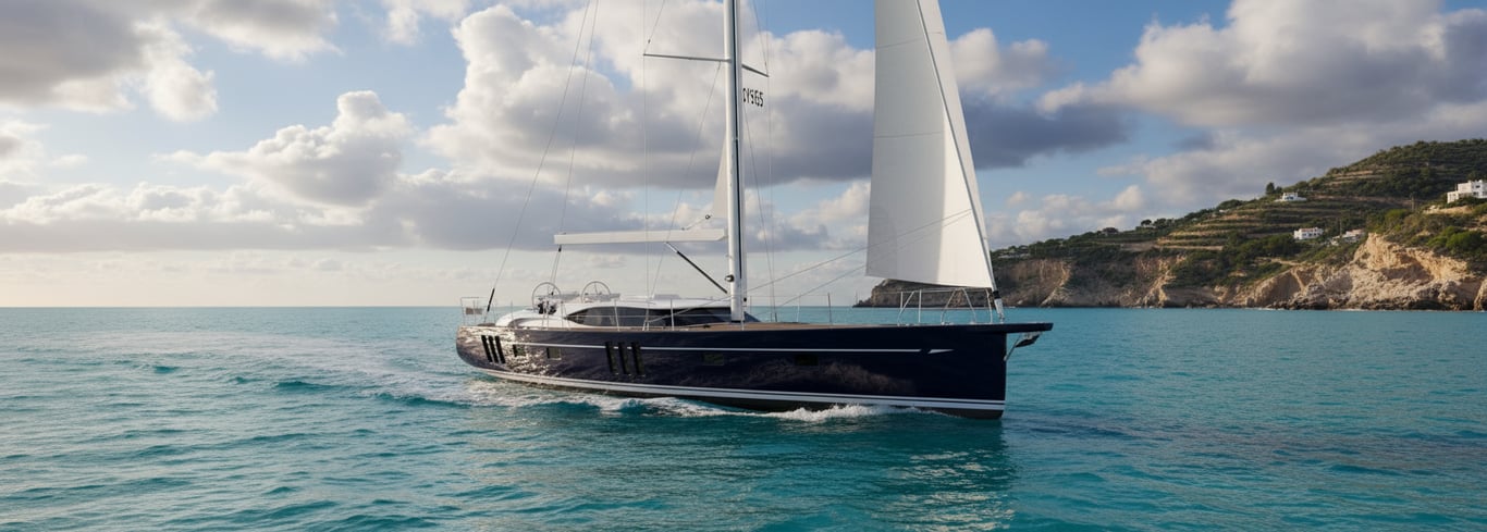 Oyster 565 luxury yacht docked in marina, starboard side, teak deck, polished chrome fittings, blue water