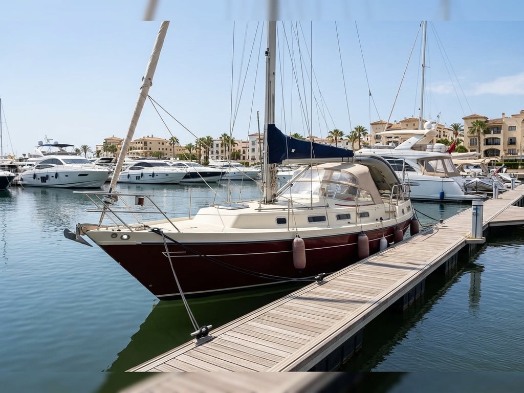 Mirage 37 saloon interior with teak cabinetry table and settee berths
