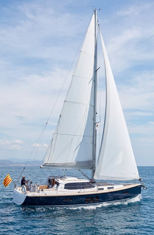 Close-up of Sirius 40 DS hull construction with teak deck details and sturdy stanchions