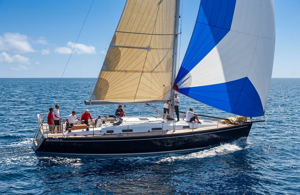 Detailed view of Salona 45 hull construction and keel configuration in shipyard