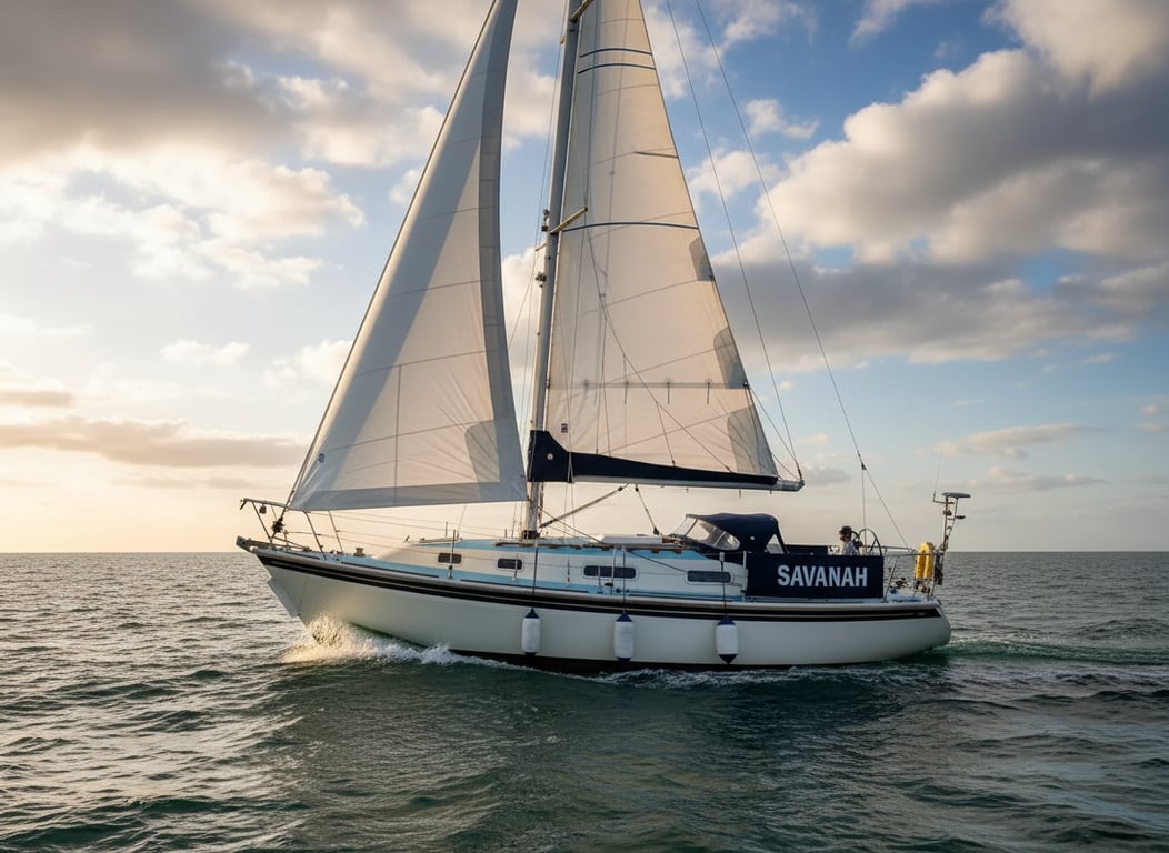 Close-up starboard profile of Westerly Konsort 29 in marina slip, wooden cockpit and teak deck details