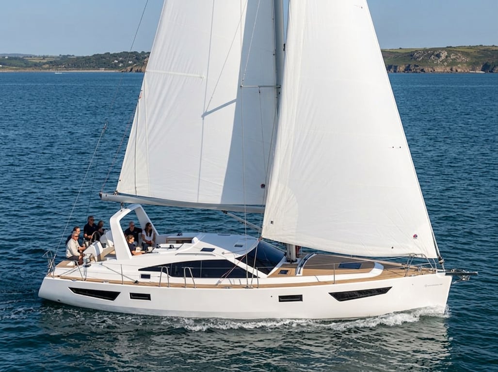 Southerly 42/420 sailing in open water with full sails deployed