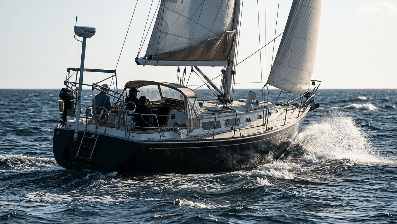 Engine compartment and cockpit controls on Sabre 38 sailboat