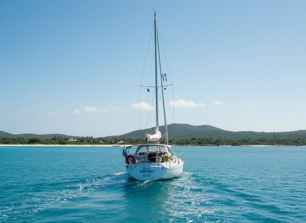 Vega 27 from stern, mainsail and jib set, trailing wake on choppy sea