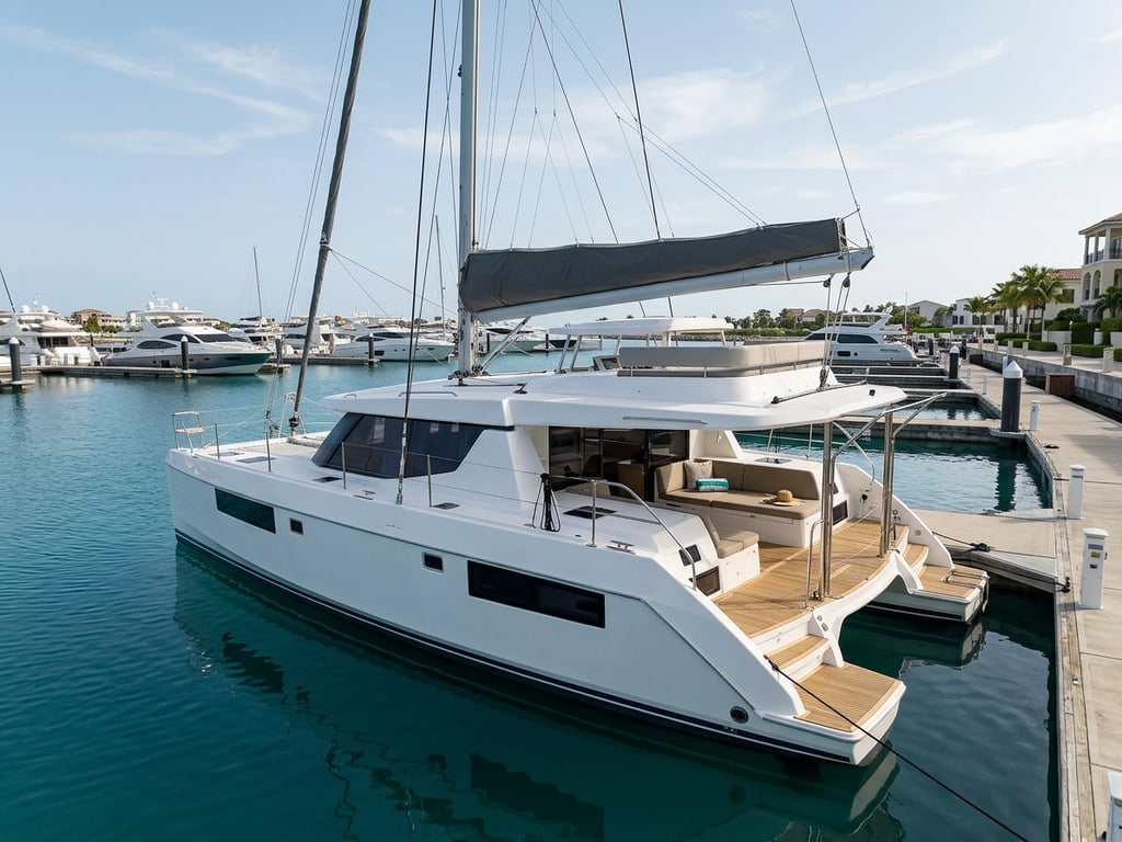 Spacious saloon and galley area inside Leopard 45 catamaran
