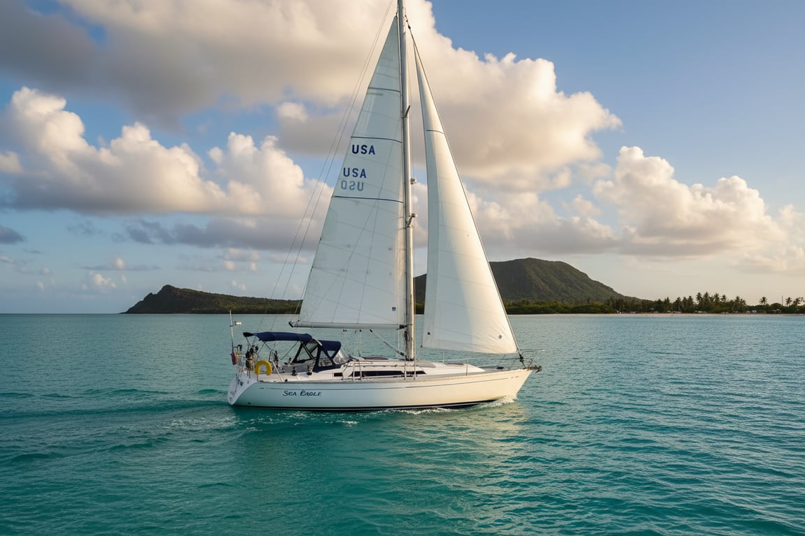 Hunter 36 sloop under sail on calm blue waters, broadside angle showing mainsail and genoa