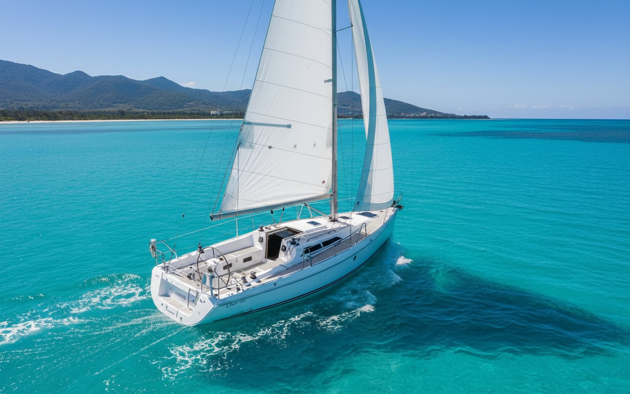Etap 32s sloop under full sail, port side angle in moderate winds on blue sea