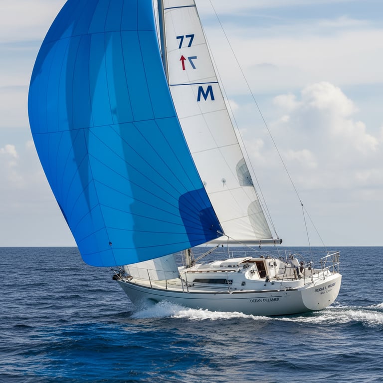Aerial view of white Maxi 77 yacht in sunny marina, low coachroof, twin rudders visible