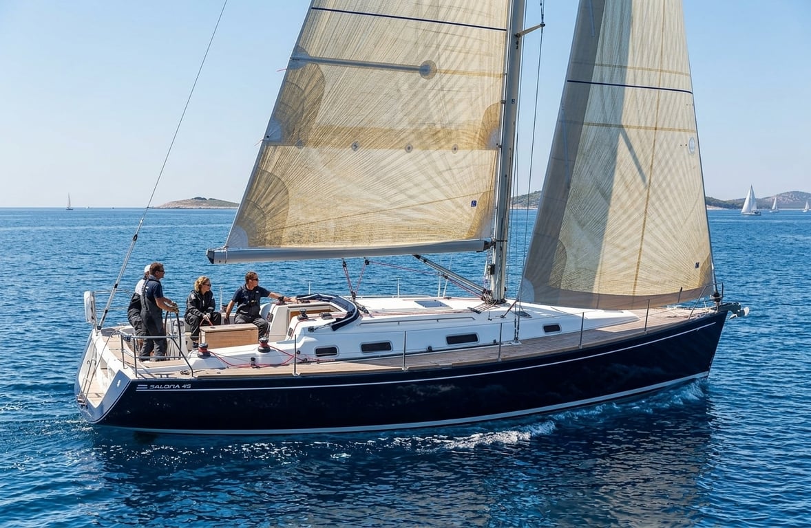 Salona 45 under full sail on open water showcasing sleek lines and tall rig