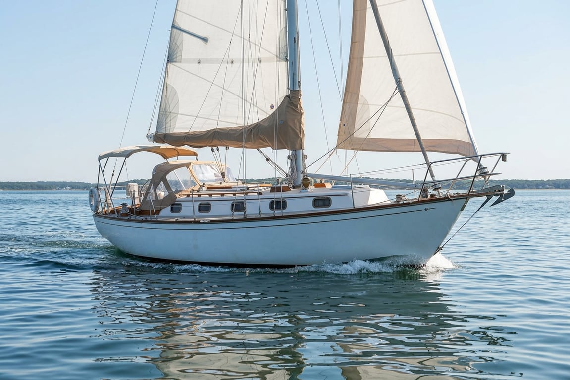 Cape Dory 36 heeling under sail in moderate ocean swells.