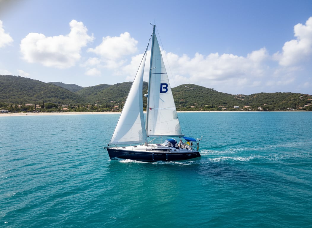 Beneteau 40 yacht sailing on calm blue waters, full mainsail and genoa, stern perspective