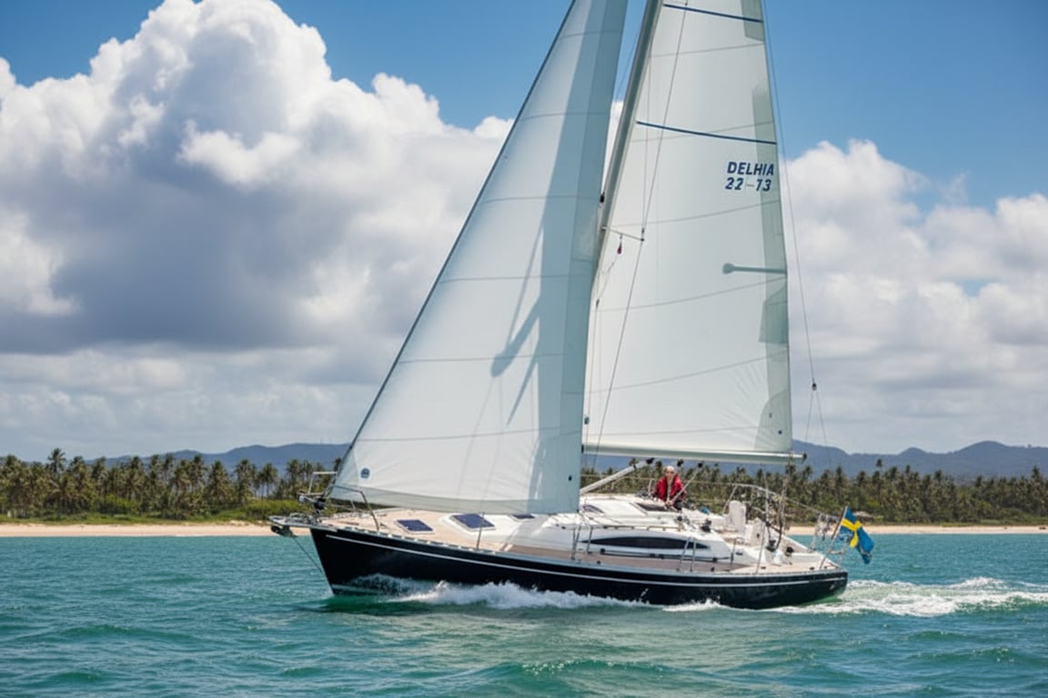Delphia 37.3 cockpit view, ergonomic helm with wheel, instrument displays, bimini shade, aft swim platform